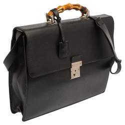Gucci Black Leather Bamboo Handle Briefcase