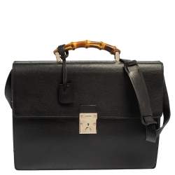 Gucci Black Leather Bamboo Handle Briefcase