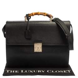 Gucci Black Leather Bamboo Handle Briefcase