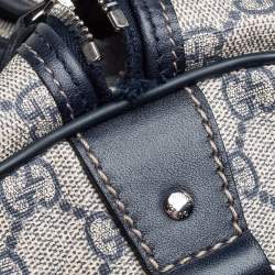 Pre Owned Gucci Navy Blue GG Supreme Canvas Leather Medium Carry On Duffle Bag