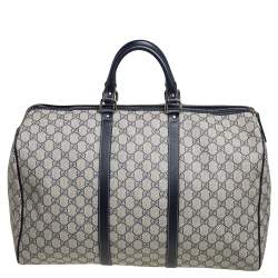 Pre Owned Gucci Navy Blue GG Supreme Canvas Leather Medium Carry On Duffle Bag