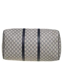 Pre Owned Gucci Navy Blue GG Supreme Canvas Leather Medium Carry On Duffle Bag