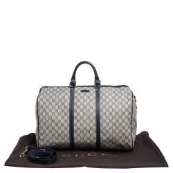 Pre Owned Gucci Navy Blue GG Supreme Canvas Leather Medium Carry On Duffle Bag