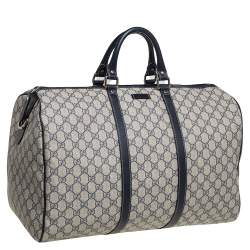 Pre Owned Gucci Navy Blue GG Supreme Canvas Leather Medium Carry On Duffle Bag