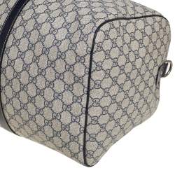 Pre Owned Gucci Navy Blue GG Supreme Canvas Leather Medium Carry On Duffle Bag