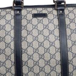 Pre Owned Gucci Navy Blue GG Supreme Canvas Leather Medium Carry On Duffle Bag