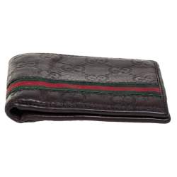 Pre Owned محفظة غوتشي ثنائية الطية ويب جلد غوتشيسيما بنية