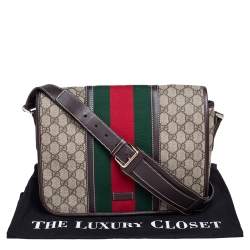 Pre Owned Gucci Brown/Beige GG Supreme Canvas and Leather Web Detail Messenger Bag