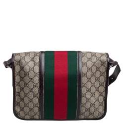Pre Owned Gucci Brown/Beige GG Supreme Canvas and Leather Web Detail Messenger Bag