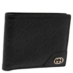 Pre Owned محفظة غوتشي جلد غوتشيسيما أسود ثنائي الطي