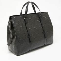 Pre Owned Gucci Black Perforated GG Embossed Leather Tote