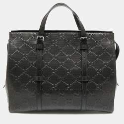 Pre Owned Gucci Black Perforated GG Embossed Leather Tote