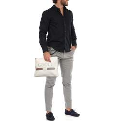 مملوكة مسبقًا Gucci White Leather Logo Print Zip Pouch