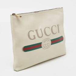 مملوكة مسبقًا Gucci White Leather Logo Print Zip Pouch