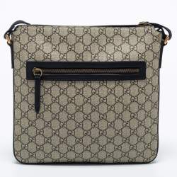 Pre Owned Gucci Beige/Black GG Supreme Canvas And Leather Angry Cat Print Flat Messenger Bag