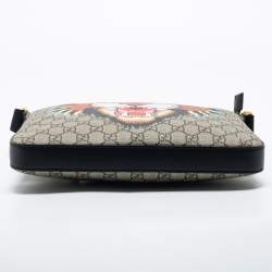 Pre Owned Gucci Beige/Black GG Supreme Canvas And Leather Angry Cat Print Flat Messenger Bag