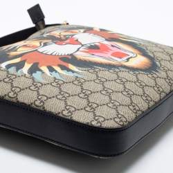 Pre Owned Gucci Beige/Black GG Supreme Canvas And Leather Angry Cat Print Flat Messenger Bag