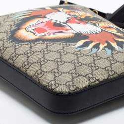 Pre Owned Gucci Beige/Black GG Supreme Canvas And Leather Angry Cat Print Flat Messenger Bag