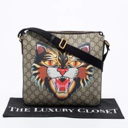 Pre Owned Gucci Beige/Black GG Supreme Canvas And Leather Angry Cat Print Flat Messenger Bag