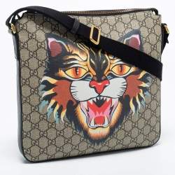 Pre Owned Gucci Beige/Black GG Supreme Canvas And Leather Angry Cat Print Flat Messenger Bag