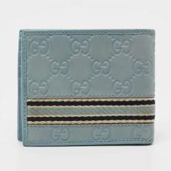 Pre Owned Gucci Blue Guccissima Leather Web Bifold Wallet