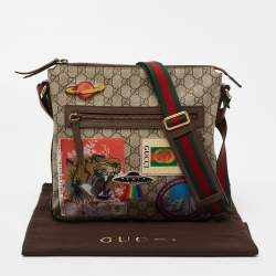Pre Owned Gucci Beige/Brown Embroidered GG Supreme Canvas Medium Courrier Flat Messenger Bag