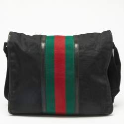 Pre Owned Gucci Black Nylon and Leather Web Double Lock Messenger Bag