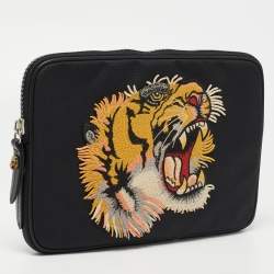 Pre Owned Gucci Black Nylon Tiger Patch Zip Pouch 