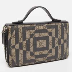 Gucci Black/Beige Printed GG Supreme and Leather Zip Around Travel Clutch