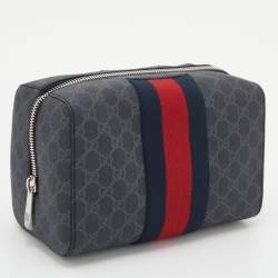 Pre Owned Gucci Black GG Supreme and Leather Web Toiletry Pouch