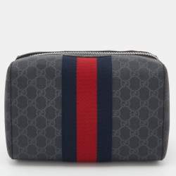 Pre Owned Gucci Black GG Supreme and Leather Web Toiletry Pouch
