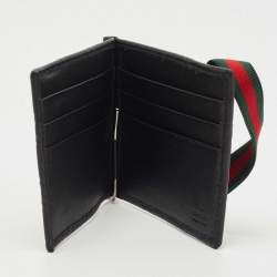 Pre Owned Gucci Black Guccissima Leather Web Money Clip Bi-Fold Wallet
