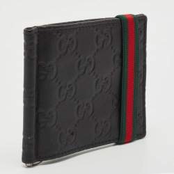 Pre Owned Gucci Black Guccissima Leather Web Money Clip Bi-Fold Wallet