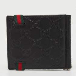 Pre Owned Gucci Black Guccissima Leather Web Money Clip Bi-Fold Wallet