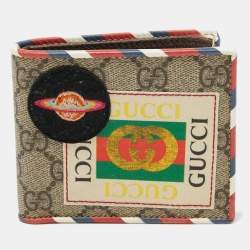  Gucci Beige GG Supreme Canvas Logo and Planet Patch Bifold Wallet