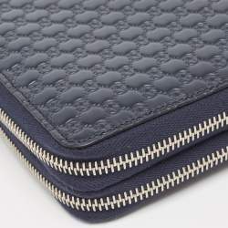 Pre Owned Gucci Navy Blue Microguccissima Leather Zip Around Travel Wallet