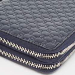 Pre Owned Gucci Navy Blue Microguccissima Leather Zip Around Travel Wallet