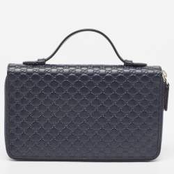 Pre Owned Gucci Navy Blue Microguccissima Leather Zip Around Travel Wallet