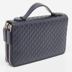 Pre Owned Gucci Navy Blue Microguccissima Leather Zip Around Travel Wallet