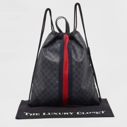 Gucci Black GG Supreme Canvas and Leather Drawstring Backpack