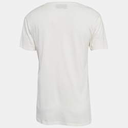 Gucci Off-White Logo Print Cotton Knit Rabbit Patch Detail T-Shirt XS
