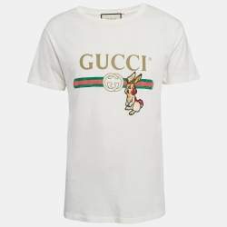 Gucci Off-White Logo Print Cotton Knit Rabbit Patch Detail T-Shirt XS