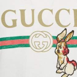 Gucci Off-White Logo Print Cotton Knit Rabbit Patch Detail T-Shirt XS