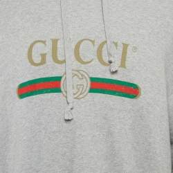 Pre Owned Gucci Grey Logo Print Dragon Embroidered Cotton Hoodie XL