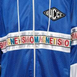 Pre Owned Gucci Blue Mesh Magnetismo Tape Detail Hooded Jacket XL