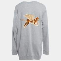 Gucci Grey Logo Print Cotton Knit Tiger Applique Oversized Sweatshirt XXXL