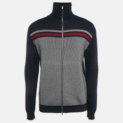 Gucci Navy Blue Patterned Cotton Knit Zip Front Jacket XL