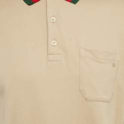 Gucci Beige Web Collar Cotton Piquet Polo T-Shirt L