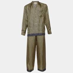Gucci Yellow/Blue Logo Print Silk Shirt and Pant Set M