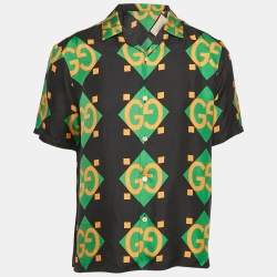 Gucci Black Geometric Logo Print Silk Short Sleeve Shirt XS